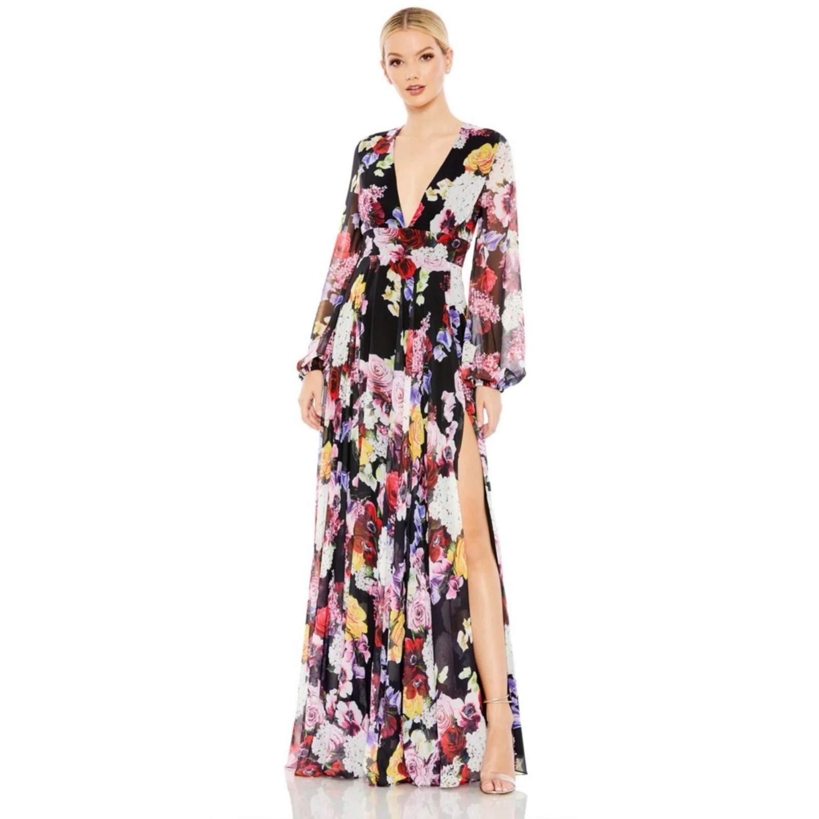 Ieena For Mac Duggal 55660 Black Multi Floral Chiffon Side Slit Gown Size 4 Nwt